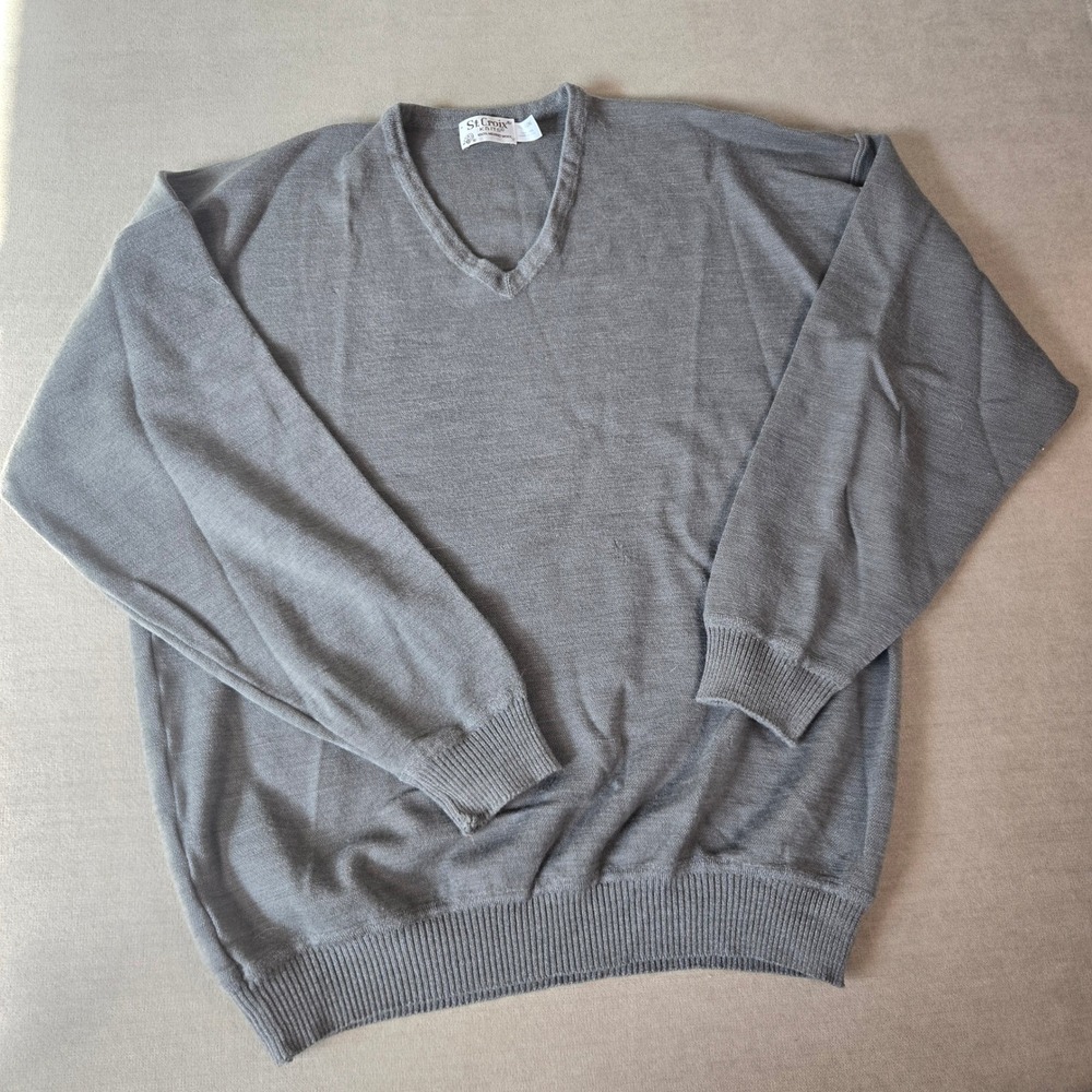 St. Croix Knits XL‎ Long Gray 100% Merino Wool V-Neck Sweater Pullover Mens